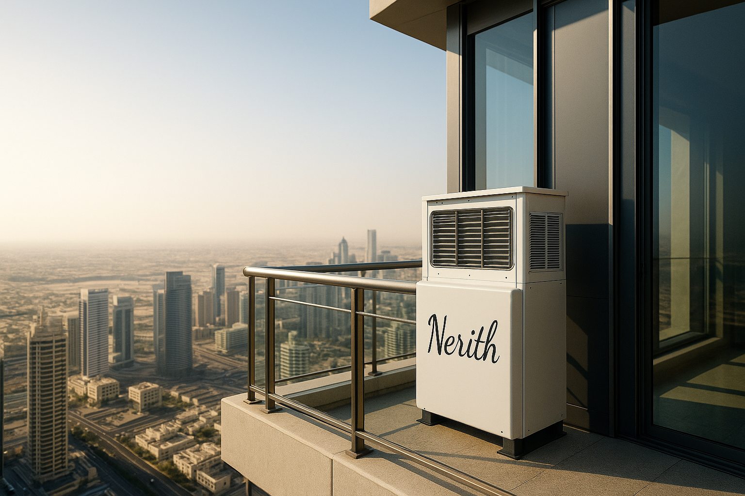 Concept visualization of a modular Nerith unit installed on a high-rise building